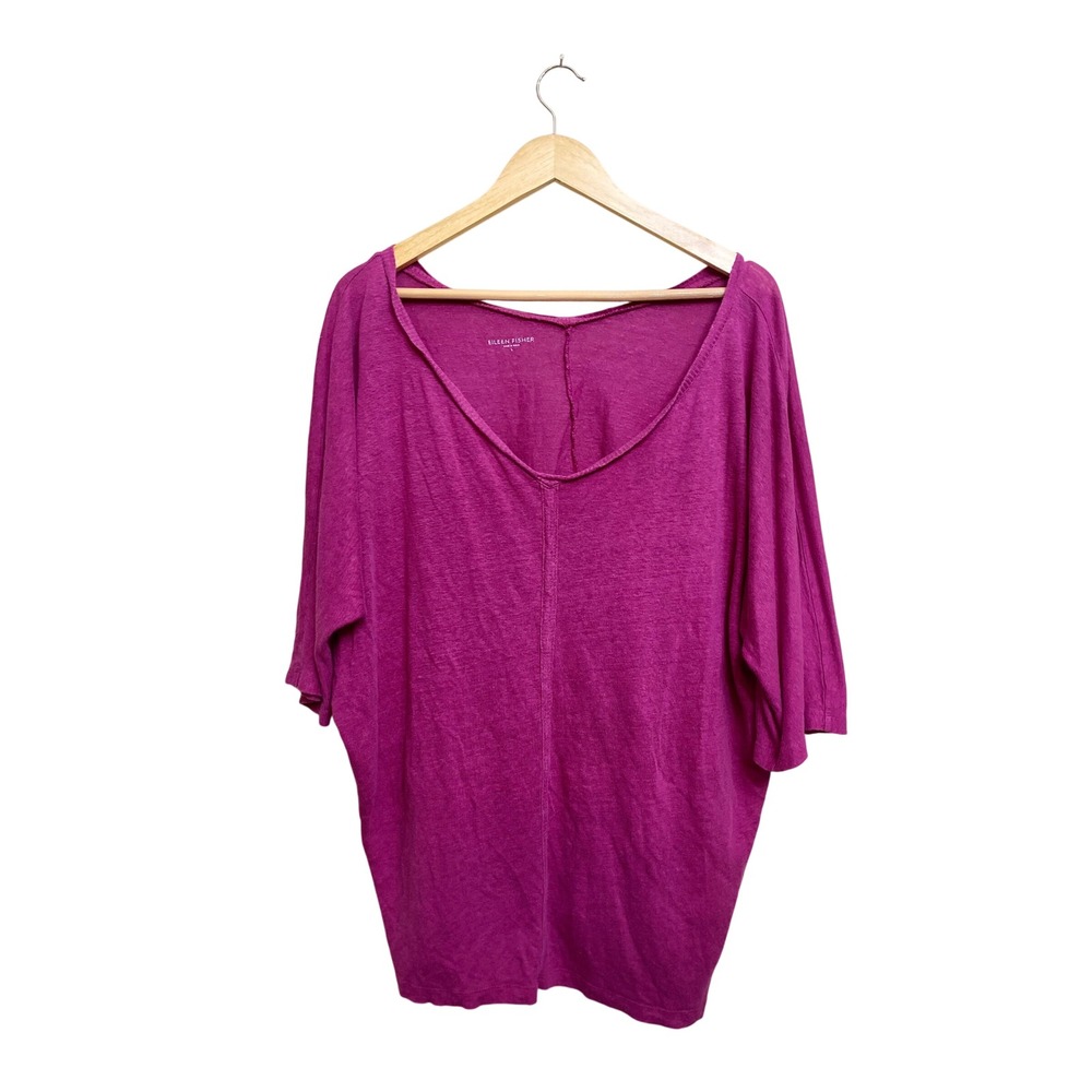 Eileen Fisher Magenta Purple 100% Linen V-Neck Boxy Oversized Tunic Top Large